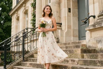 Femme en robe fleurie ivoire et blush sur les marches d'une mairie française lors d'un mariage civil simple et chic