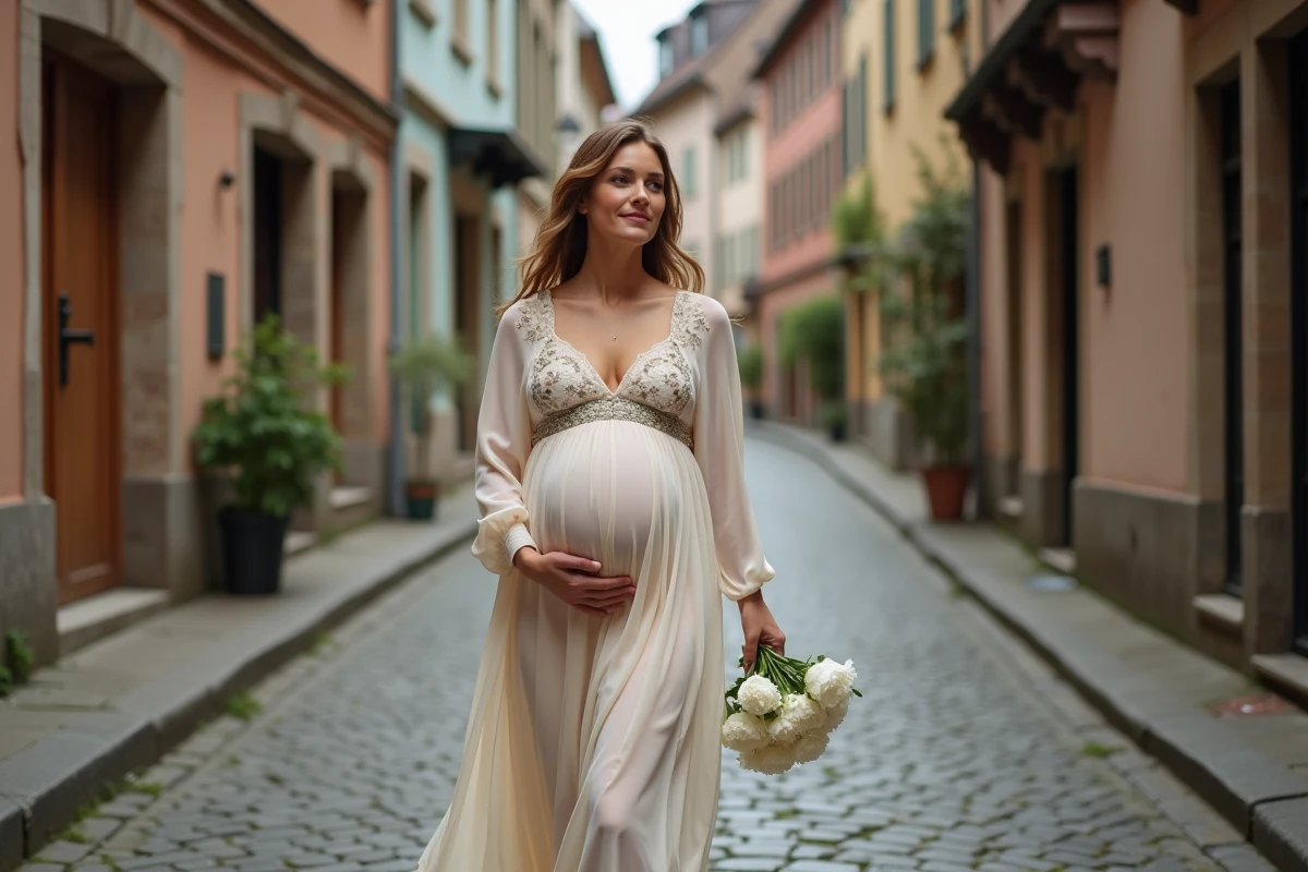 Mariée enceinte en robe bohème en mousseline se promenant dans les rues pavées du centre historique de Strasbourg