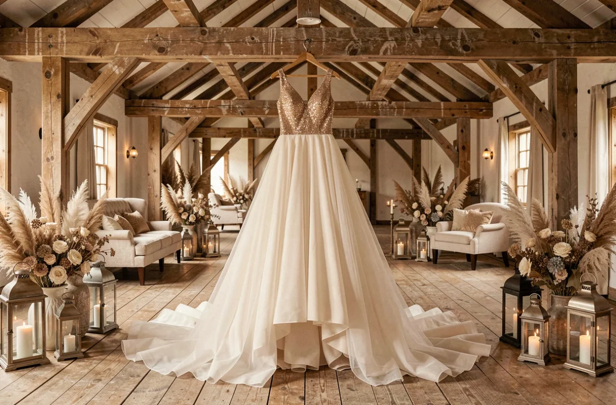 Robe de mariée princesse en tulle et paillettes suspendue dans une grange rénovée comme élément décoratif entourée de fleurs séchées et lanternes vintage