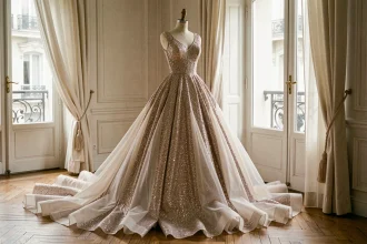 Robe de mariée princesse bouffante à paillettes exposée comme pièce décorative sur un mannequin de couture dans un appartement parisien au parquet en bois