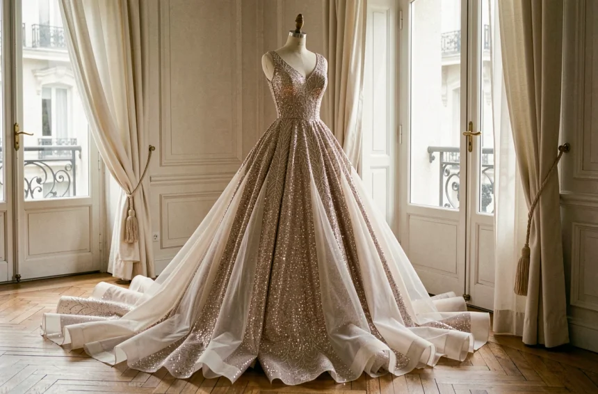 Robe de mariée princesse bouffante à paillettes exposée comme pièce décorative sur un mannequin de couture dans un appartement parisien au parquet en bois