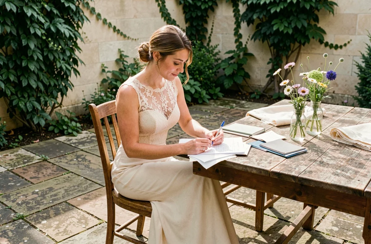 Femme en robe de mariée en dentelle ivoire ajustée assise en extérieur, planifiant son budget mariage avec des notes et des échantillons de tissu