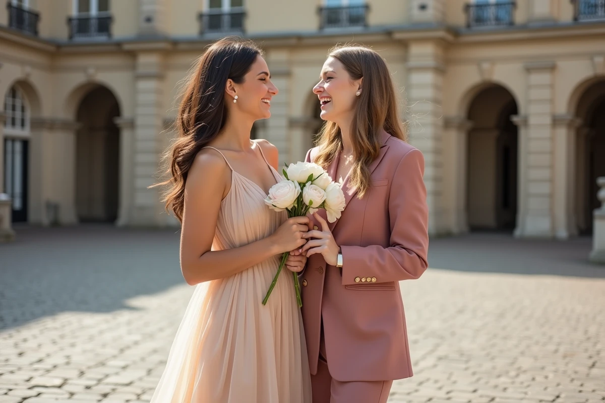 Deux femmes en robes habillées champagne et rose poudré pour un mariage civil devant une mairie française