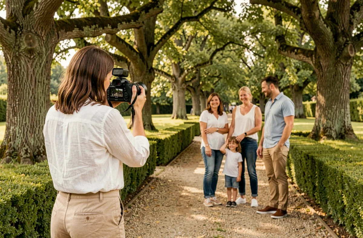 Photographe femme consultant ses photos lors d'une séance famille dans un parc de Chaville