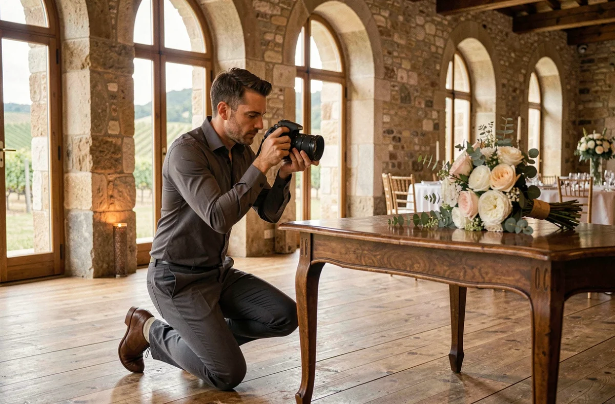 Séverin Canet, photographe de mariage, en pleine prise de vue dans une salle de réception en pierre dans l'Ain