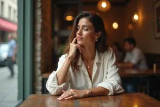 Femme contemplant la signification d'une bague portée à l'annulaire gauche dans un café urbain