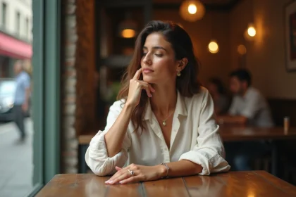 Femme contemplant la signification d'une bague portée à l'annulaire gauche dans un café urbain