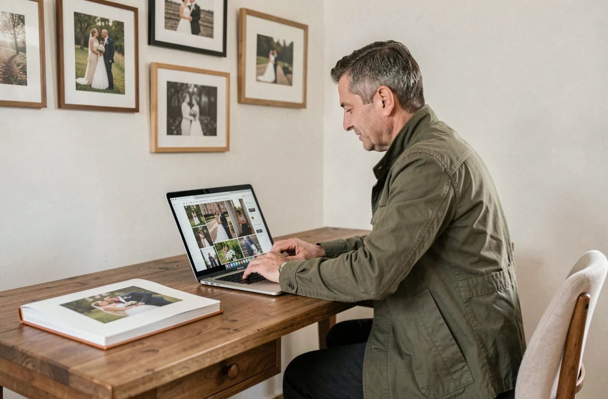 Photographe de mariage présentant ses photos à un client dans un studio de consultation à Montigny-en-Gohelle