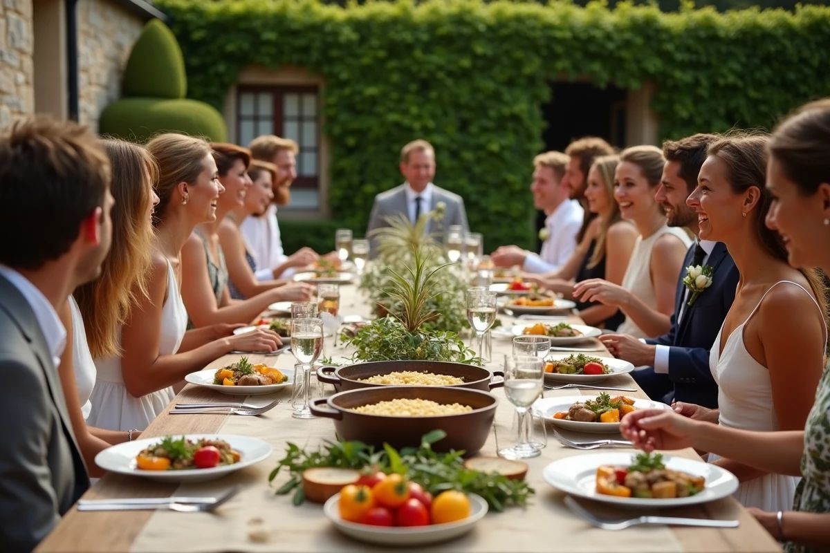 Table de mariage végétarienne en plein air avec plats partagés, légumes rôtis et risotto de champignons sauvages pour un banquet champêtre