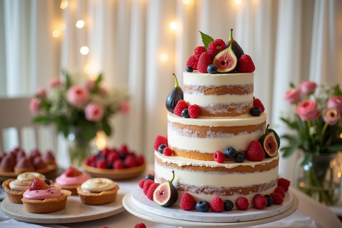 Table de desserts végétariens pour un mariage avec gâteau naked cake, macarons vegan, tartelettes aux fruits et mousses au chocolat en décor de réception