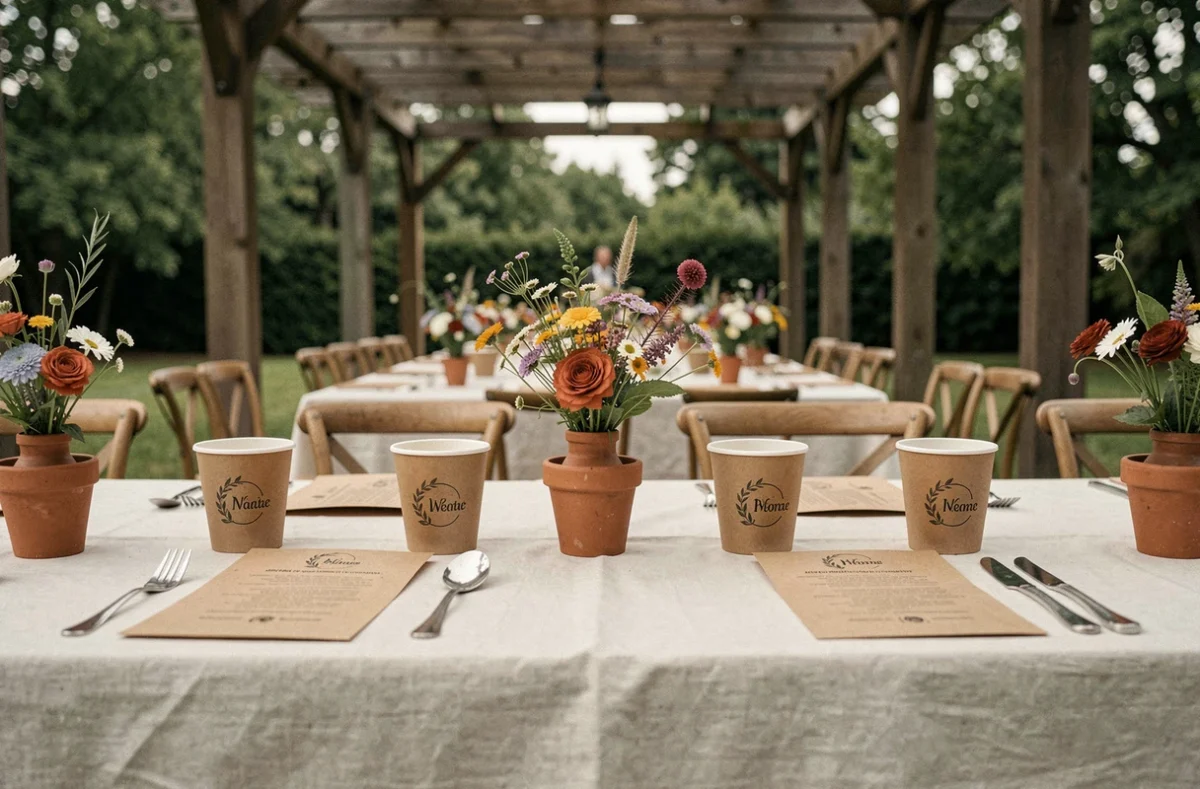 Table de mariage éco-responsable avec gobelets réutilisables personnalisés, menus kraft et fleurs sauvages sous une pergola en plein air