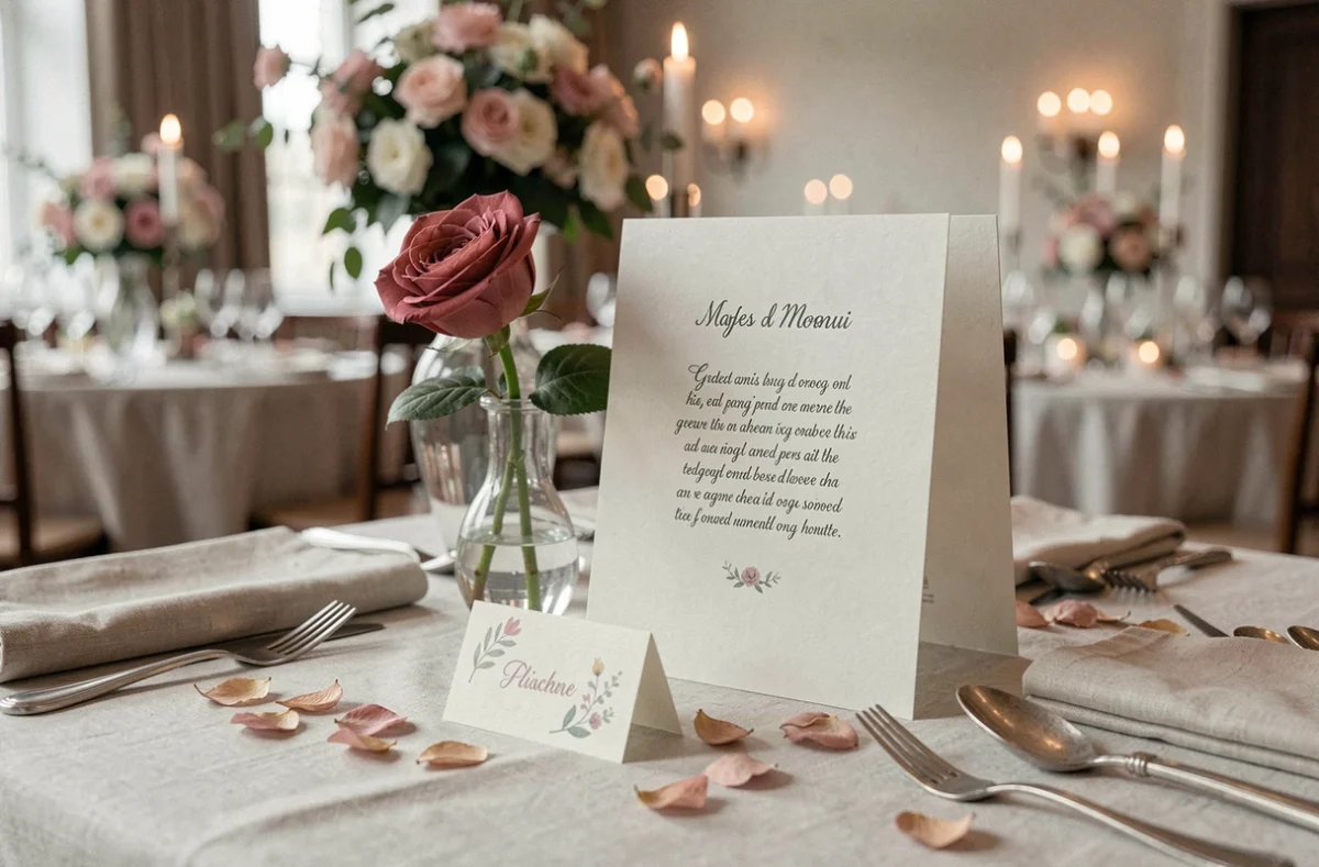 Table de réception de mariage avec menu poétique en typographie élégante posé contre un vase fleuri sur nappe de lin