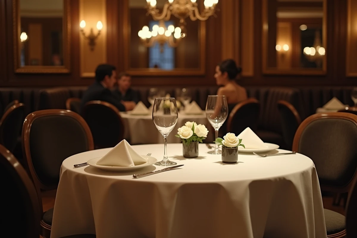 Table de restaurant parisien dressée pour deux avec une chaise vide, symbole d'une relation amoureuse incertaine ou discrète