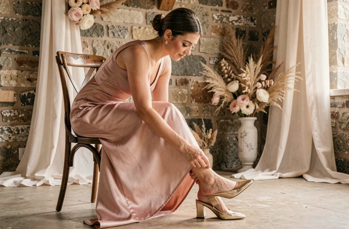 Demoiselle d'honneur enfilant une chaussure dorée à talon bloc dans une salle de mariage rustique en pierre