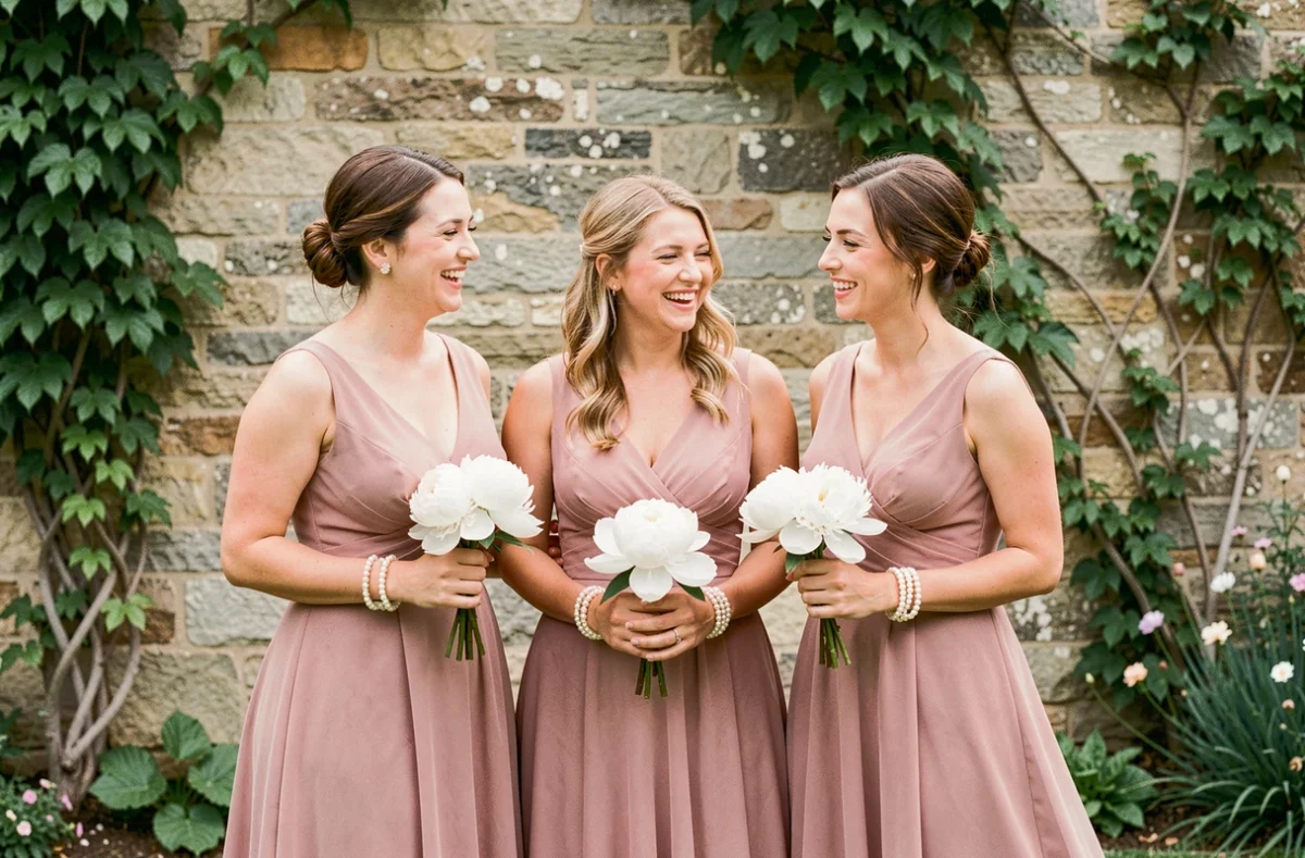 Trois témoins de mariage en robes rose poudré portant des bijoux assortis en perles dans un jardin de campagne française