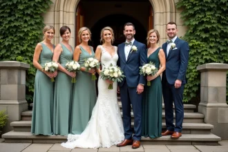 Groupe de mariés avec témoins et parrains devant une église en pierre lors d'une cérémonie de mariage