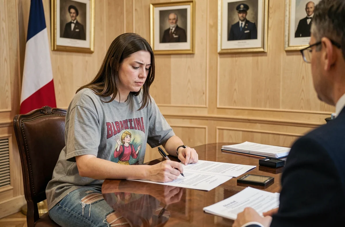 Femme habillée trop décontractée en jean et t-shirt lors d'une cérémonie de mariage civil en mairie