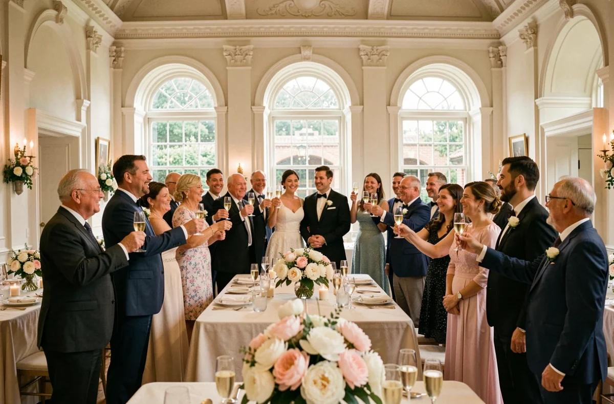 Famille et proches portant un toast de félicitations lors de la réception d'un mariage religieux dans une salle paroissiale