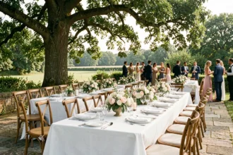 Table de réception de mariage élégamment dressée en plein air dans le Val-d'Oise, avec nappes blanches, vaisselle fine et fleurs fraîches