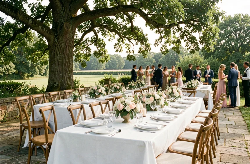 Table de réception de mariage élégamment dressée en plein air dans le Val-d'Oise, avec nappes blanches, vaisselle fine et fleurs fraîches