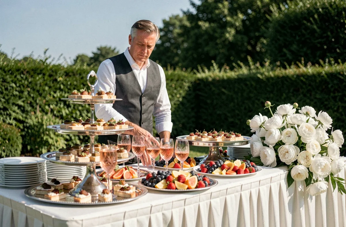 Buffet mariage haut de gamme dressé en jardin privé par Vacossin Traiteur, avec plateaux argentés, canapés raffinés et fleurs blanches