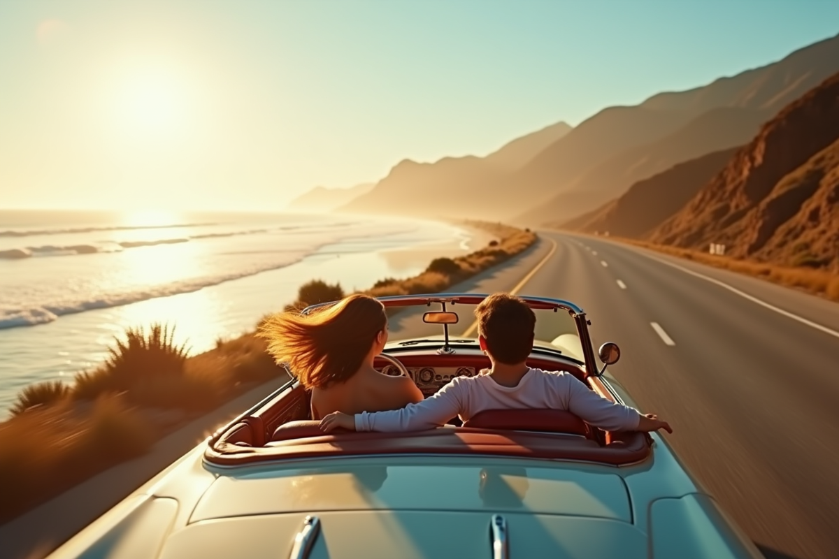 Couple en voiture vintage sur la côte californienne