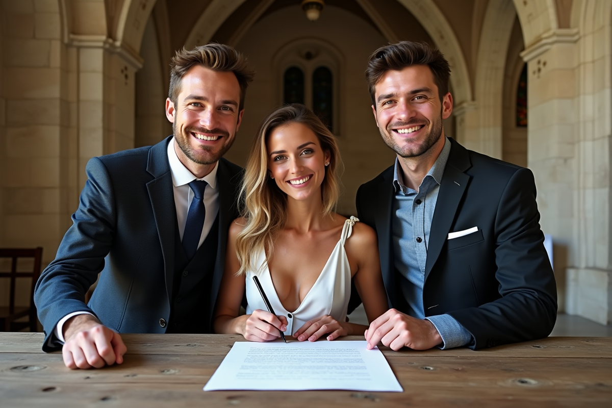 Trois personnes signant des vœux dans une chapelle en Provence