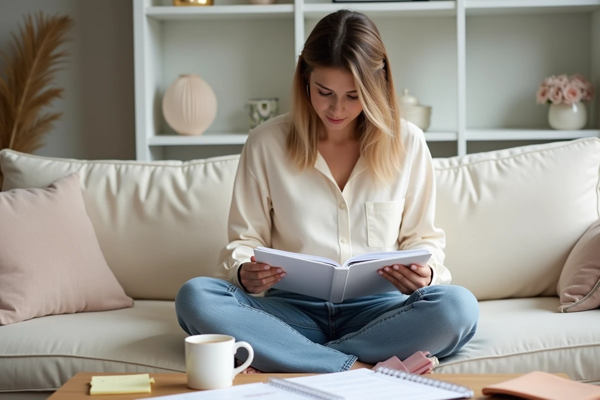 Wedding planner à domicile consultant un classeur de planification pour un EVJF sur un canapé dans un salon moderne